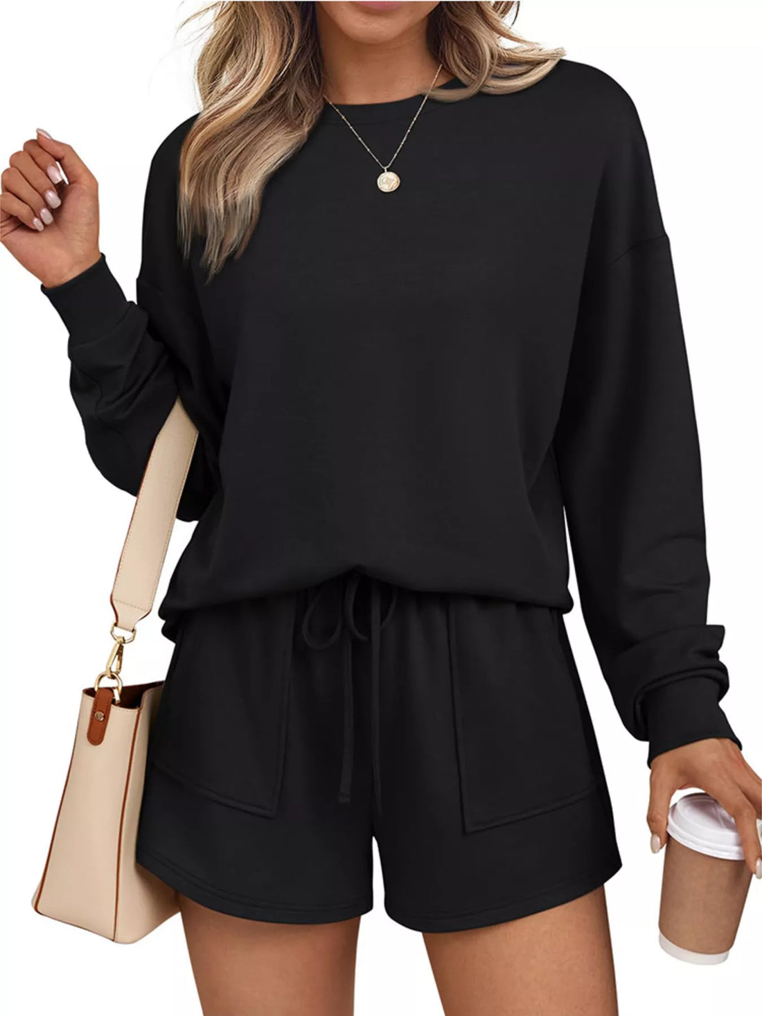 Round Neck Long Sleeve Top and Shorts Set Two Piece Dresses