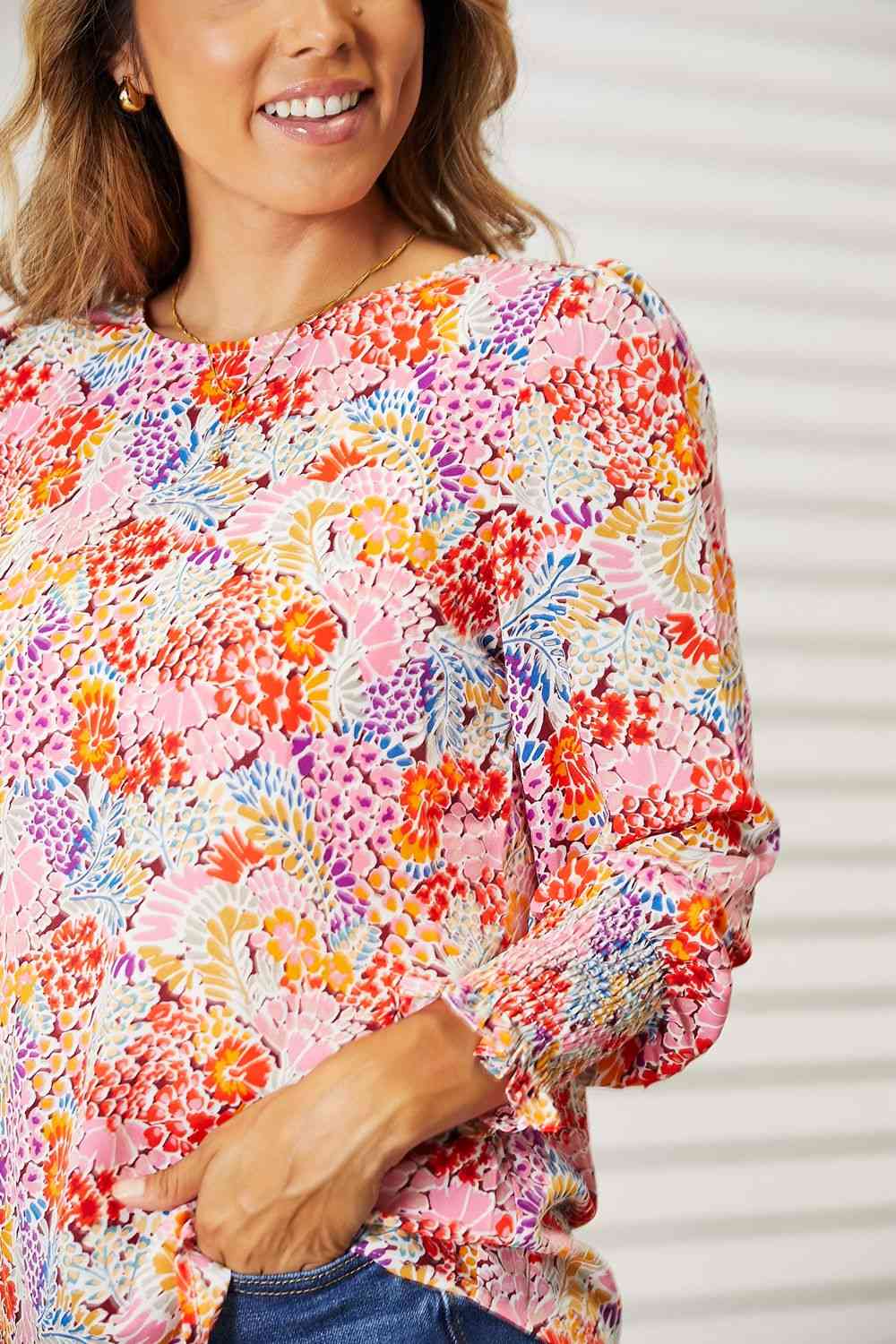Double Take Floral Print Long Puff Sleeve Blouse 
