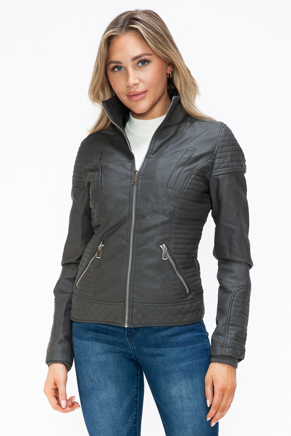 YMI Faux Layered Double-Zipper Jacket with Fuzzy Hood 