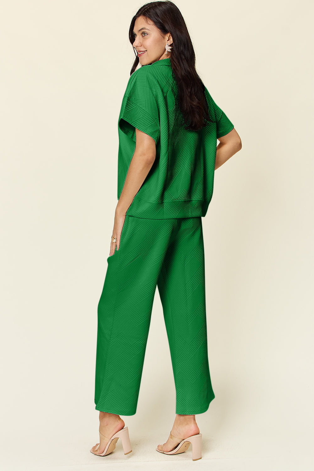 Double Take Full Size Texture Half Zip Short Sleeve Top and Pants Set 