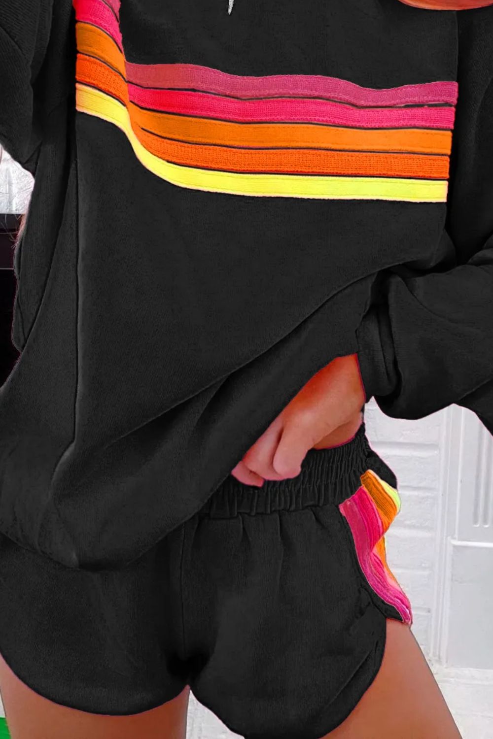 Full Size Contrast Striped Round Neck Top and Shorts Set 