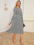 Tied Houndstooth Long Sleeve Midi Dress 