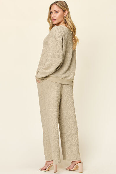 Double Take Full Size Texture Long Sleeve Top and Pants Set 