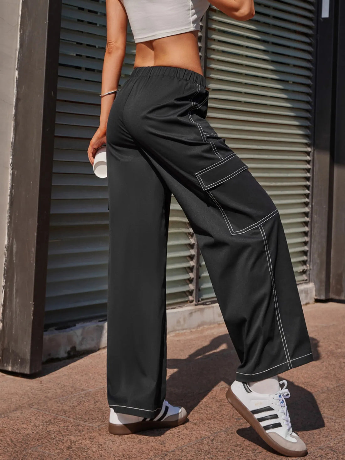 Wide Leg Pants with Contrast Stitching 