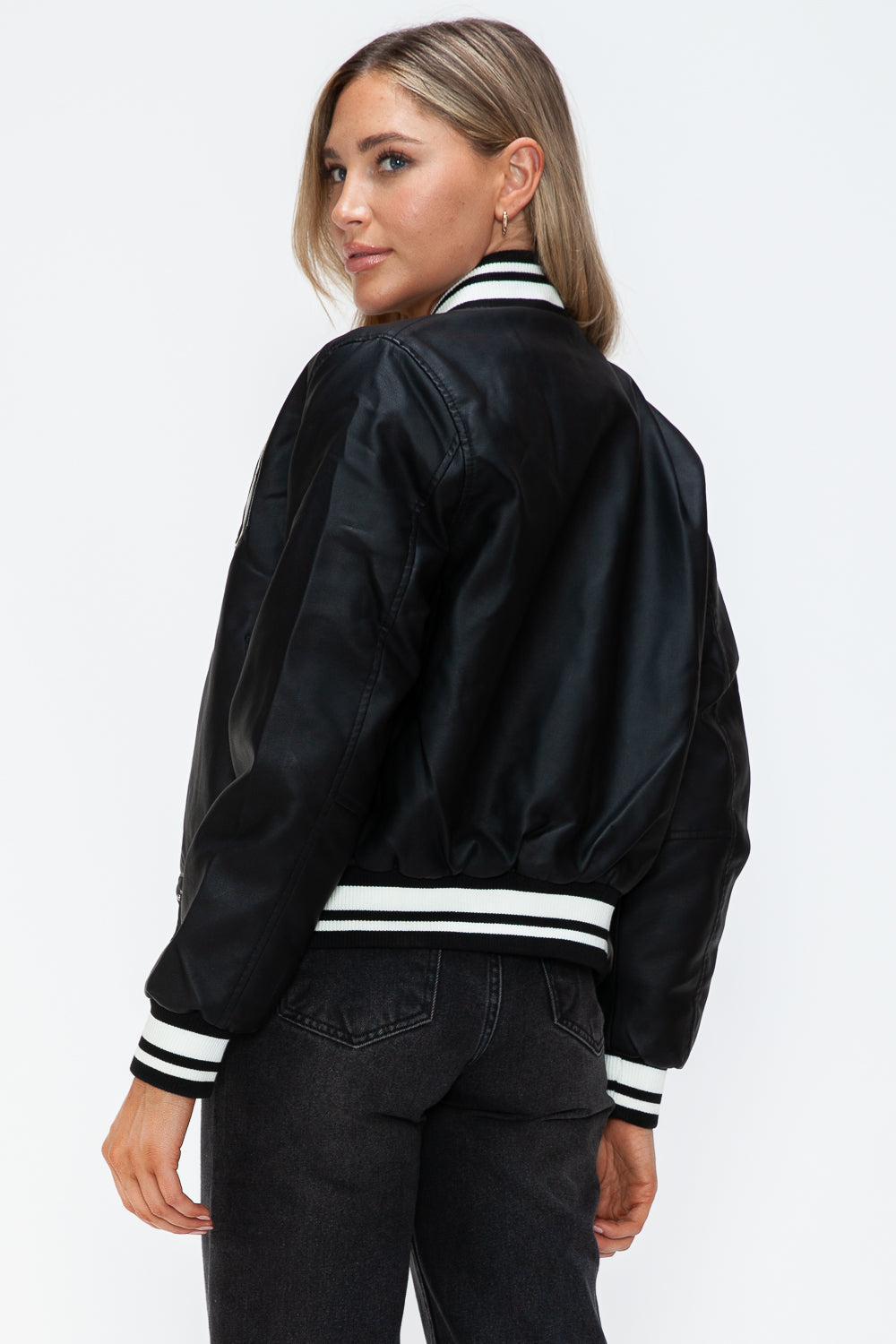 Love Me Now PU Leather Contrast Snap Down Bomber Jacket 