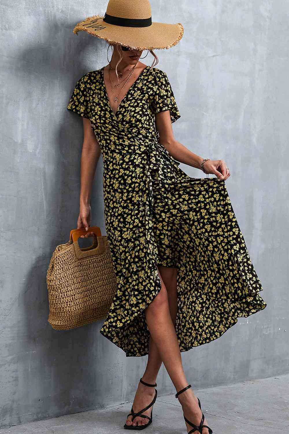 Floral Surplice Neck Tied Midi Dress Dresses