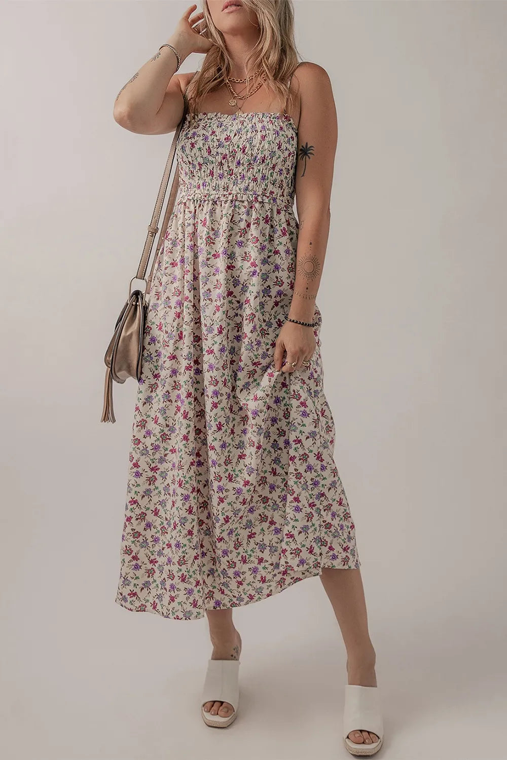 Multicolour Bohemian Ditsy Floral Smocked Fit Flare Sundress 