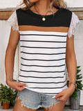 Perfee Lace Detail Striped Round Neck Cap Sleeve T-Shirt 