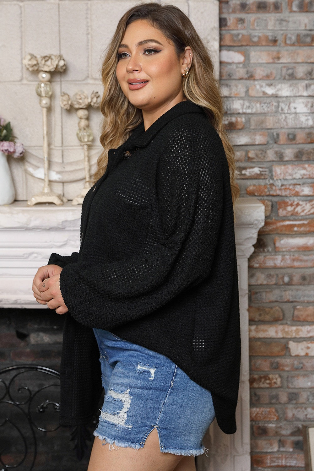 Plus Size Waffle Knit Button Up Collared Neck Shirt 