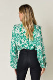 Double Take Full Size Printed Ruffle Trim Balloon Sleeve Shirt 