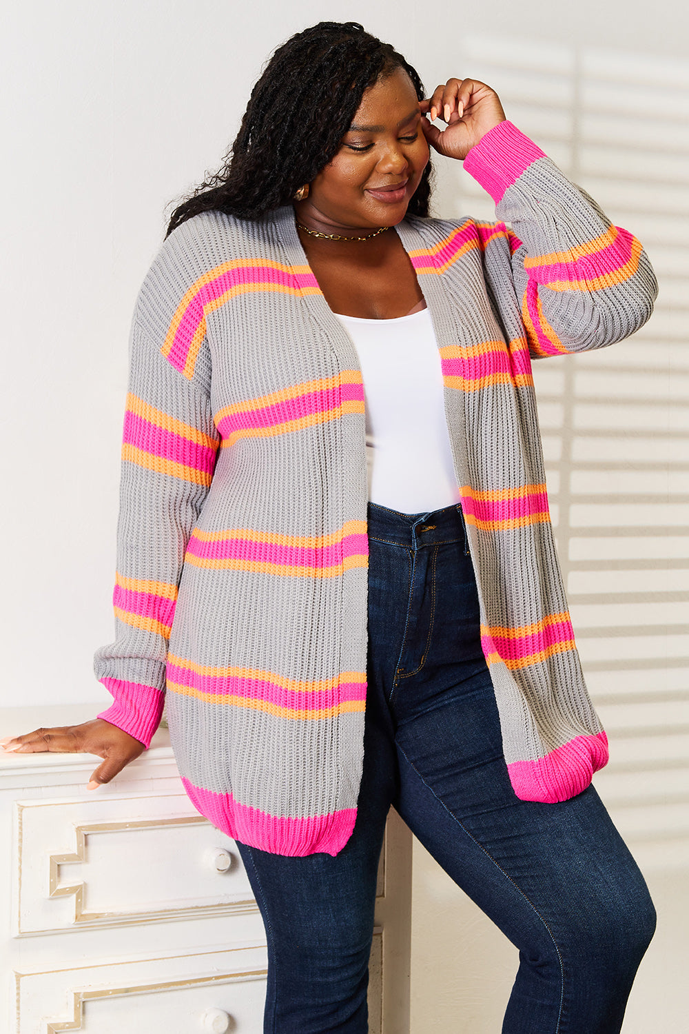 Woven Right Ribbed Long Sleeve Cardigan 