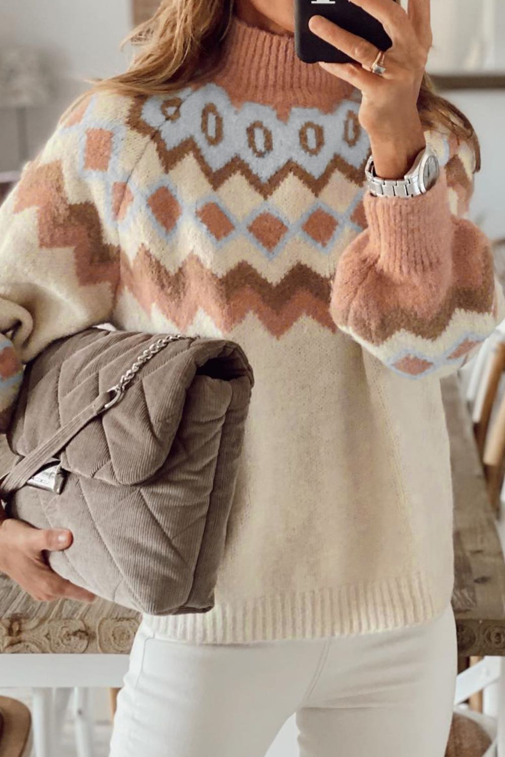 Geometric Mock Neck Long Sleeve Sweater 