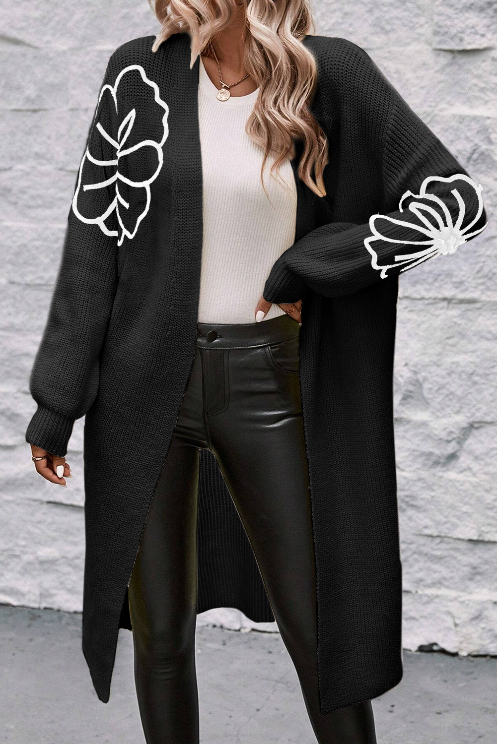 Black Flower Embroidered Drop Shoulder Open Front Duster Cardigan Sweaters & Cardigans/Cardigans