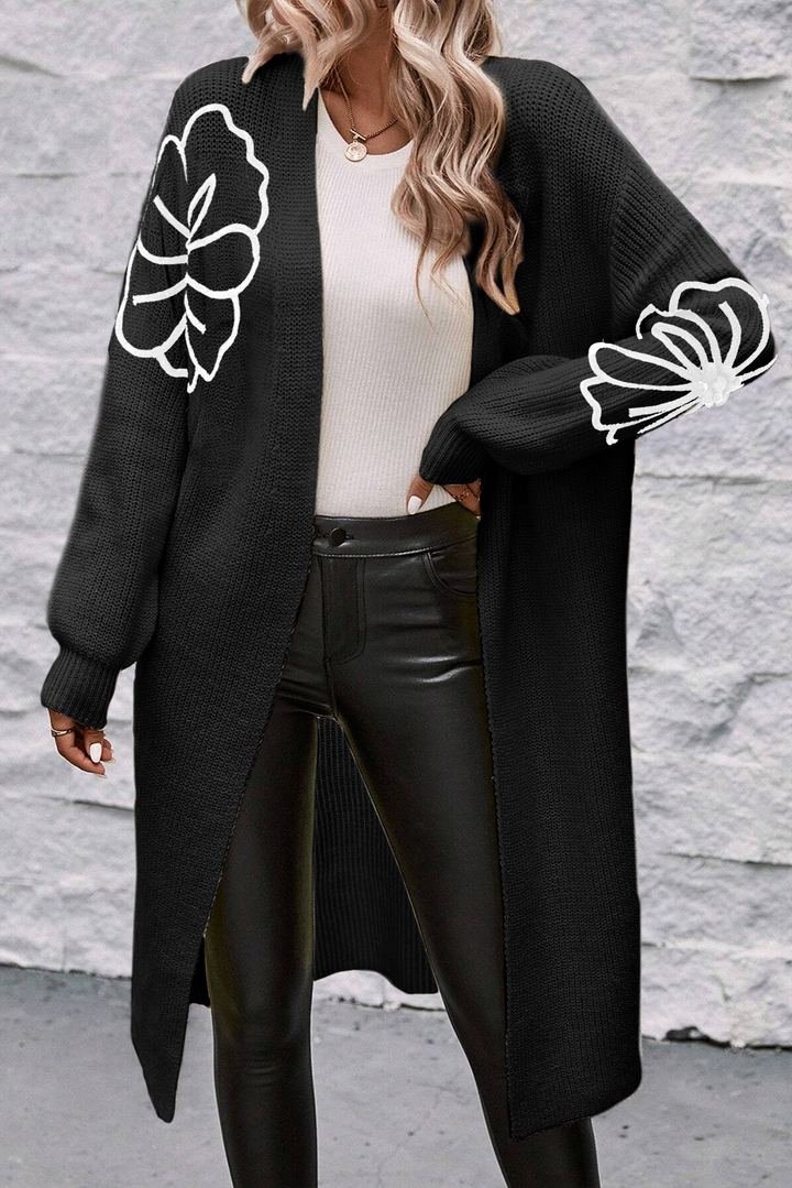 Black Flower Embroidered Drop Shoulder Open Front Duster Cardigan Sweaters & Cardigans/Cardigans