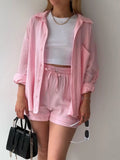 Textured Button Up Shirt and Shorts Set Two Piece Dresses