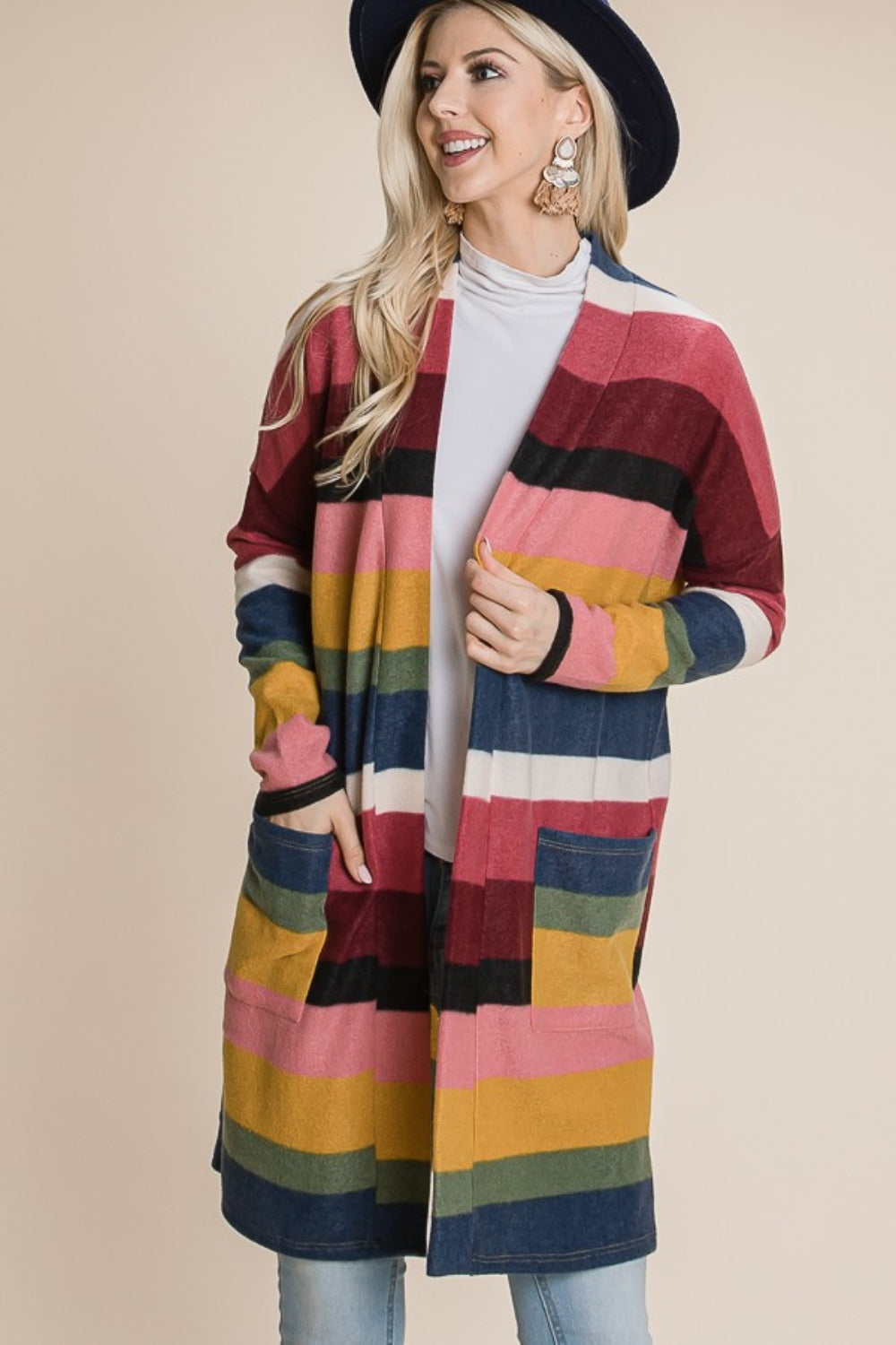 BOMBOM Color Block Striped Open Front Cardigan 