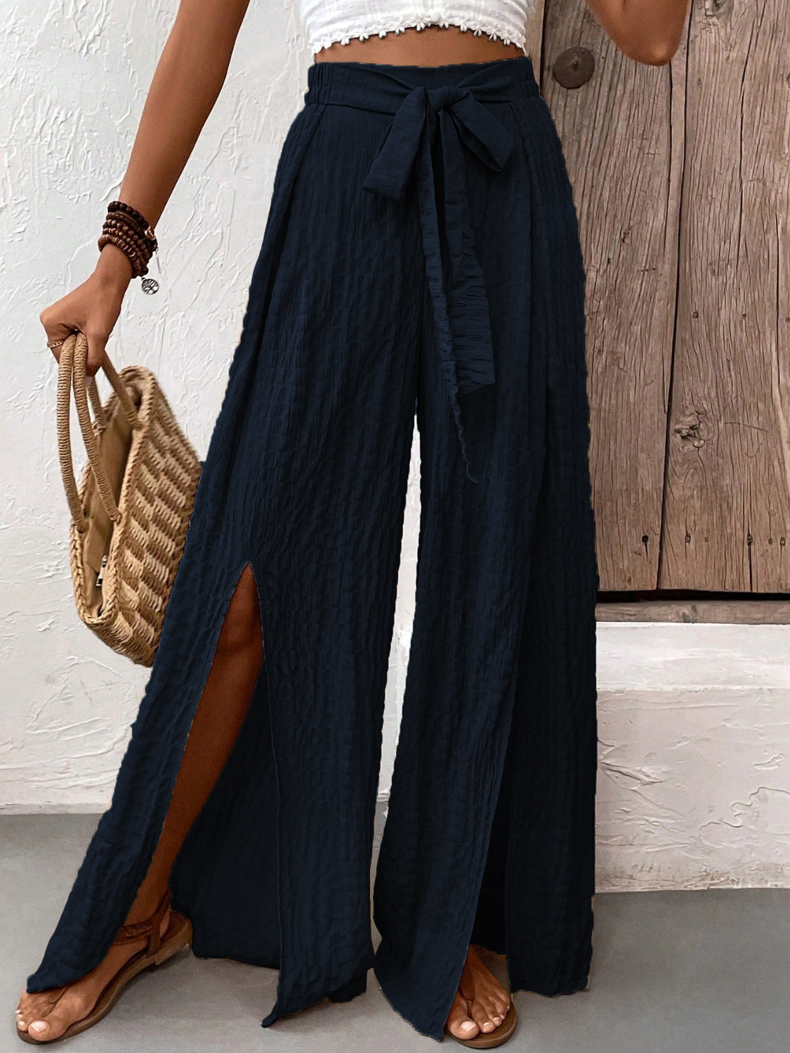 Honey Tied Slit Wide Leg Pants 