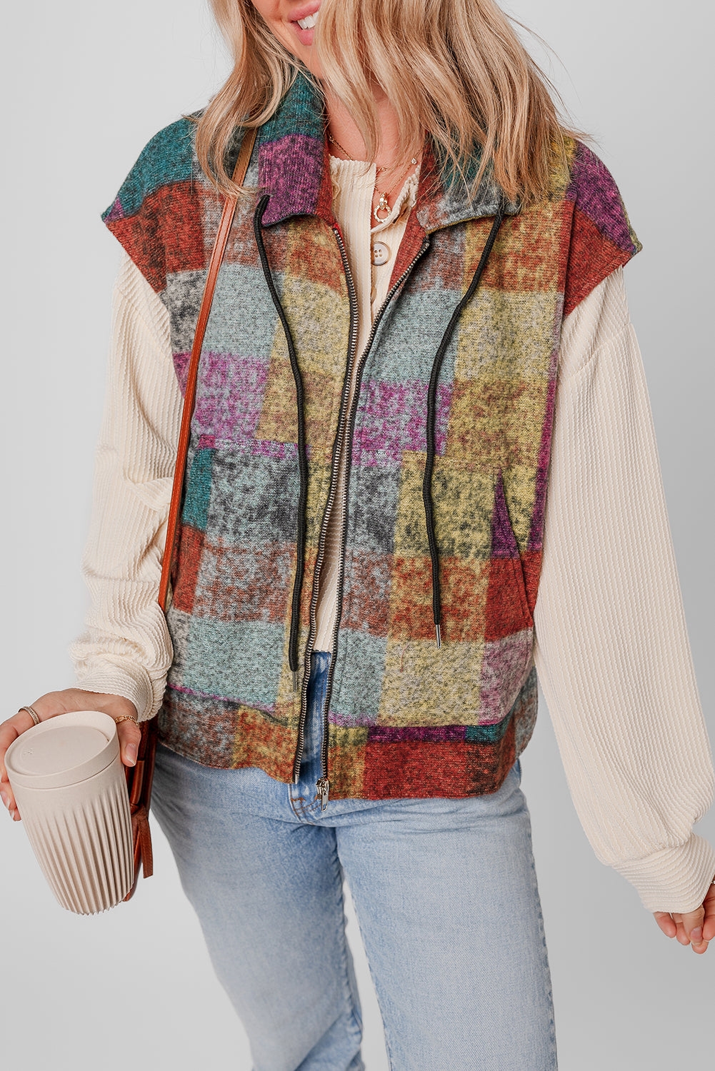 Multicolor Plaid Print Side Pockets Zipped Loose Vest Outerwear/Vests