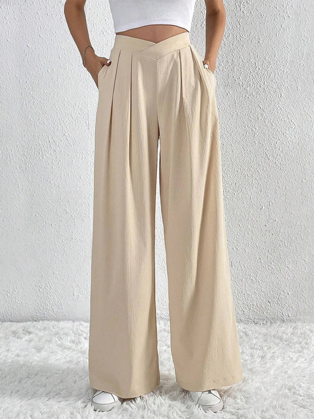 V-Waisted Ruched Front Wide Leg Pants 