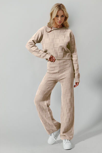 Double Take Full Size Checkered Round Neck Top and Pants Set 