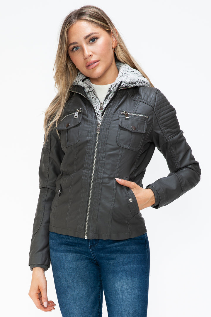 YMI Removable Faux Layered Multi-Pocket Jacket with Fuzzy Hood 