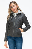YMI Removable Faux Layered Multi-Pocket Jacket with Fuzzy Hood 