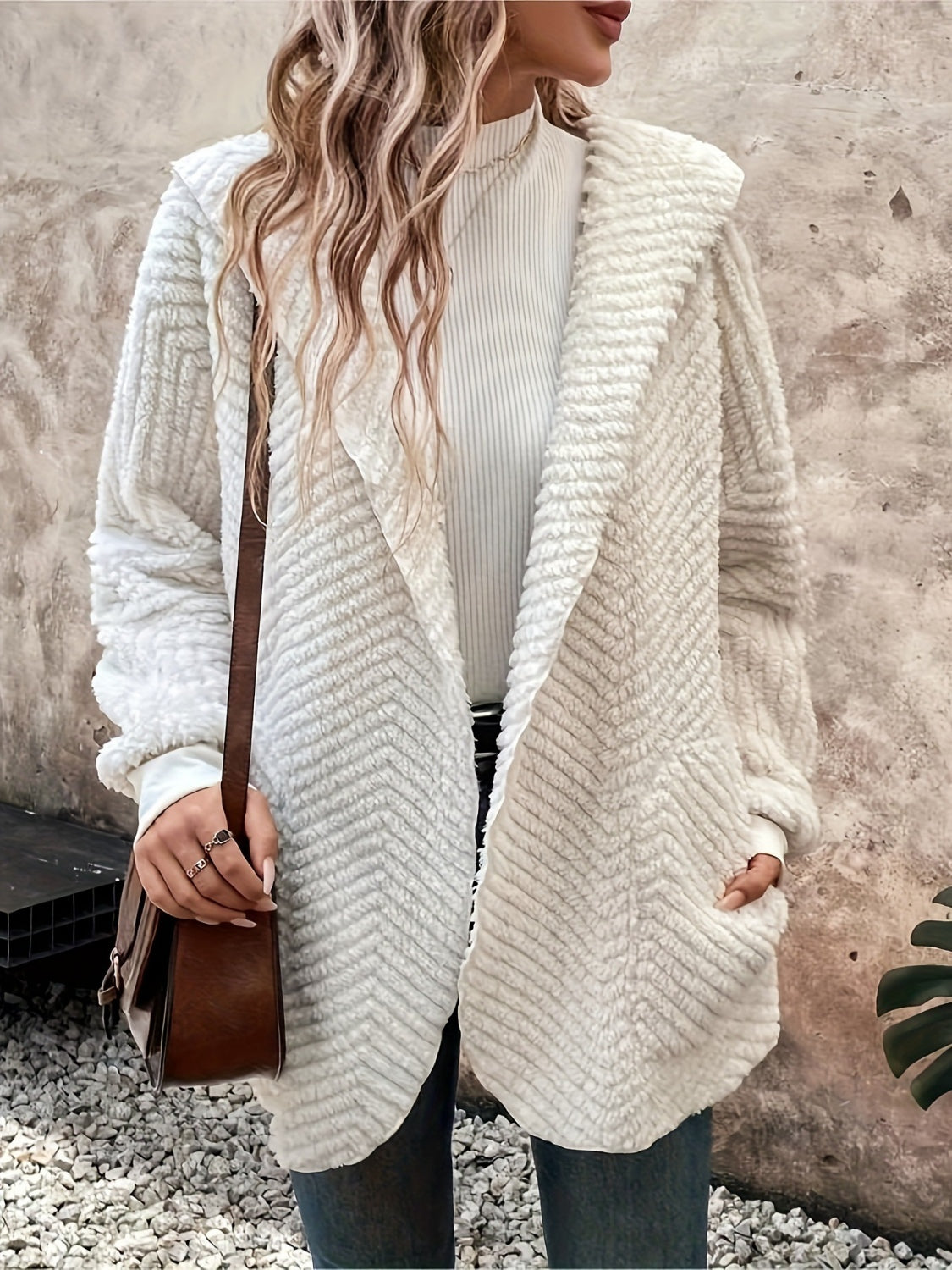Open Front Long Sleeve Hooded Fuzzy Cardigan 