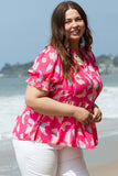 Plus Size Ruffled Printed Notched Short Sleeve Blouse 