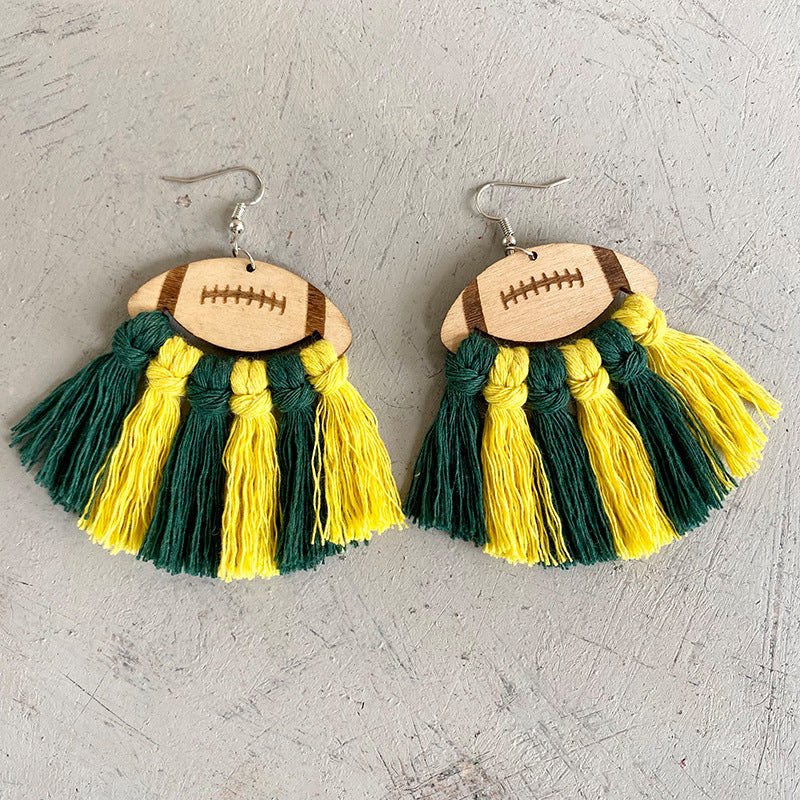 Fringe Detail Football Shape Wooden Dangle Earrings 