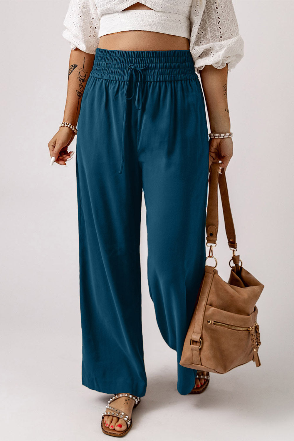 Brown Drawstring Elastic Waist Casual Wide Leg Pants Bottoms/Pants & Culotte