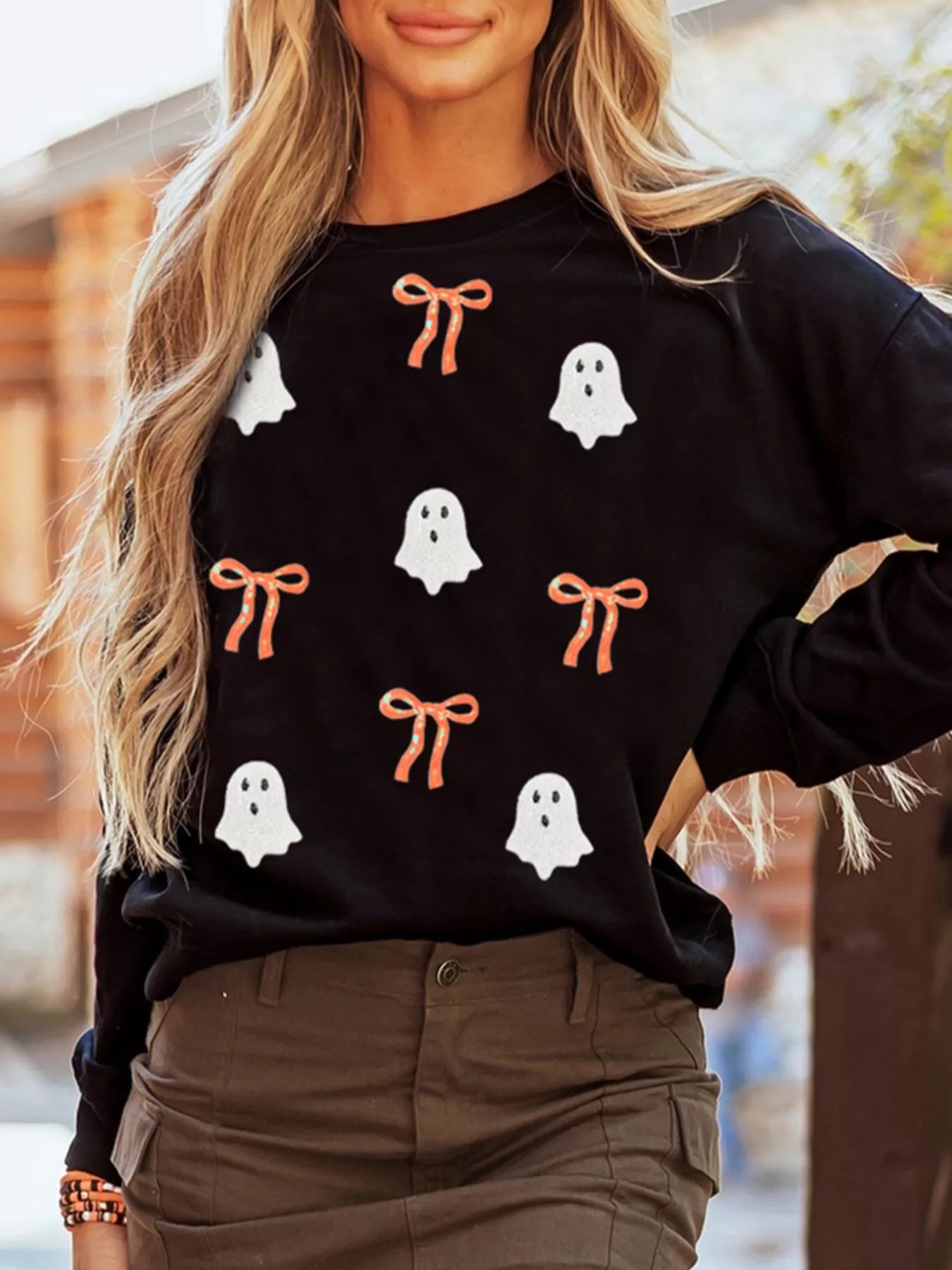 Halloween Ghost Bow Sequin Patched Drop Shoulder Sweatshirt 