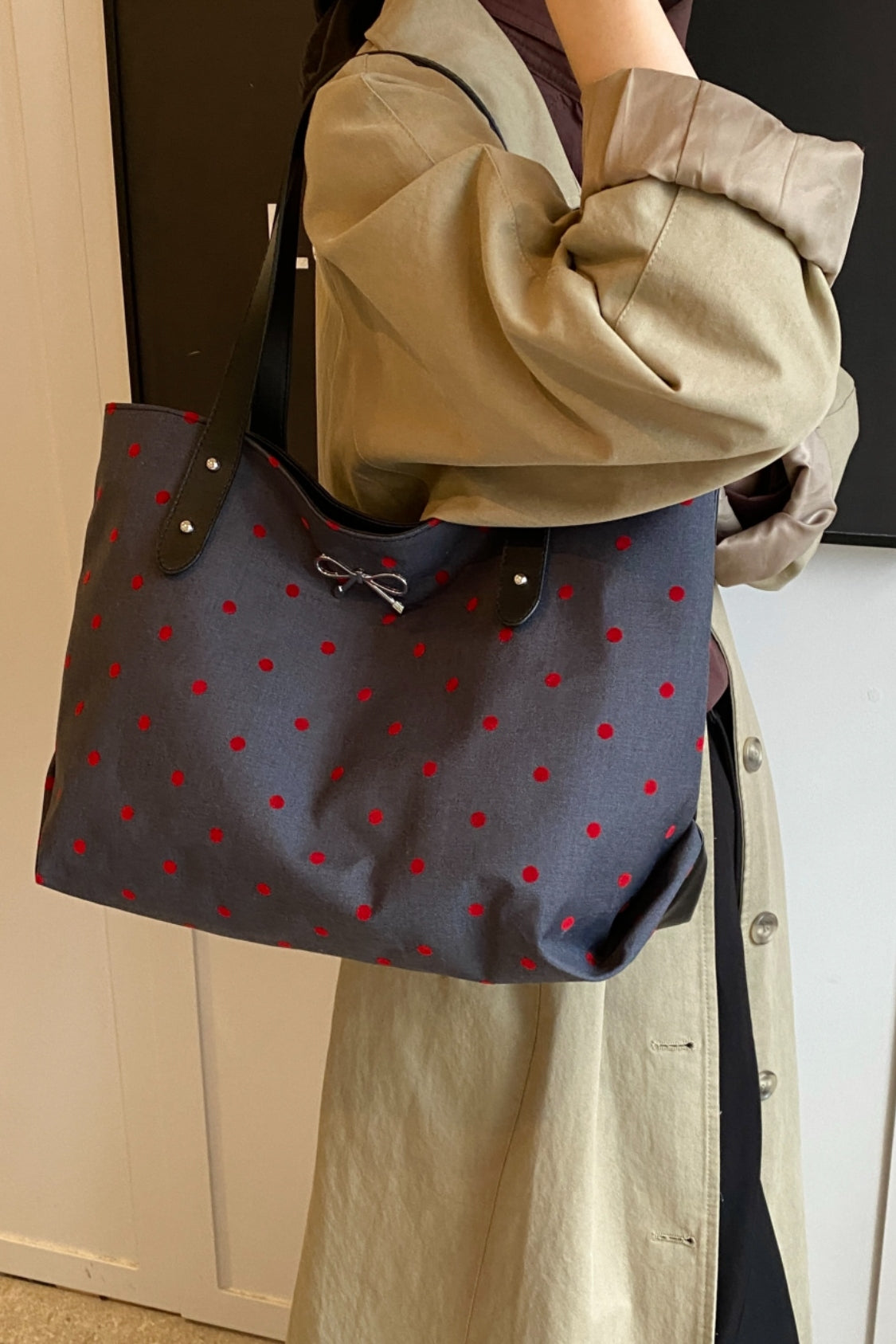 Polyester Bow Polka Dot Tote Bag 