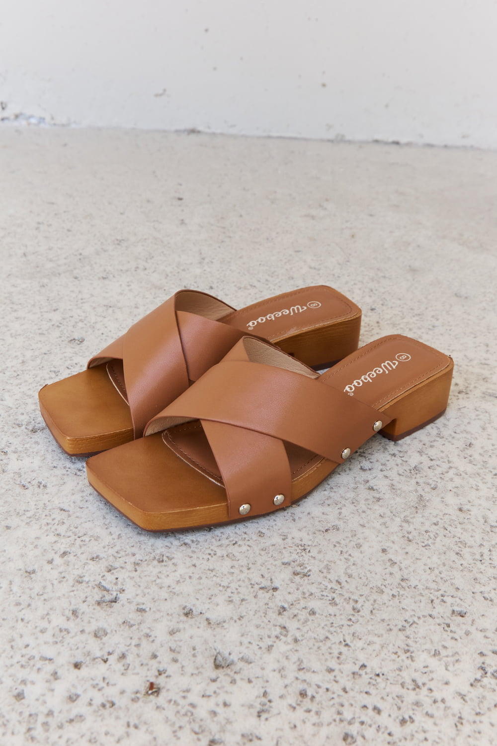 Weeboo Step Into Summer Criss Cross Wooden Clog Mule in Brown 