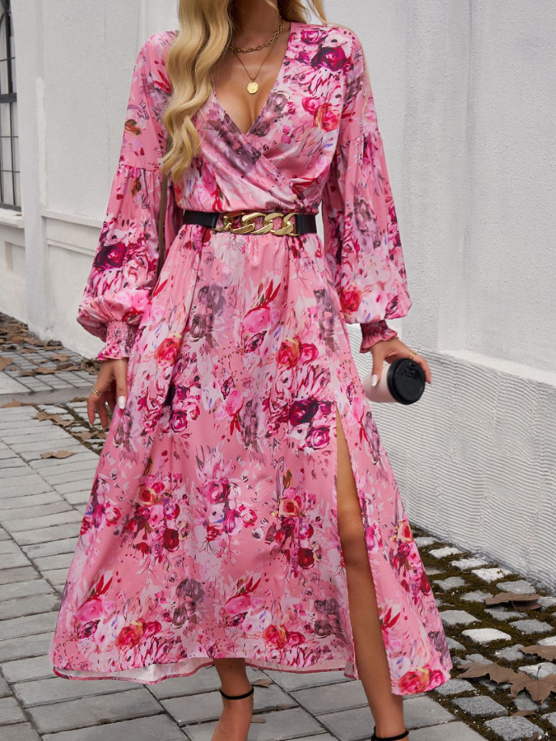 Devine Split Printed Surplice Long Sleeve Midi Dress 