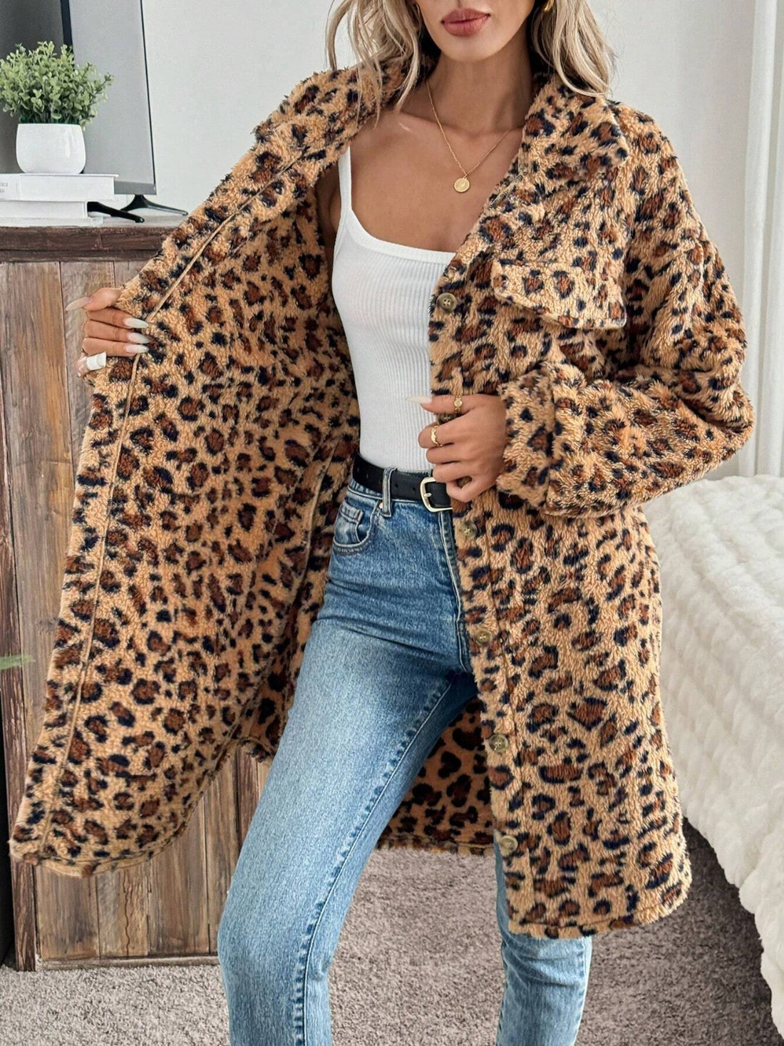 Leopard Button Up Long Sleeve Fuzzy Coat 