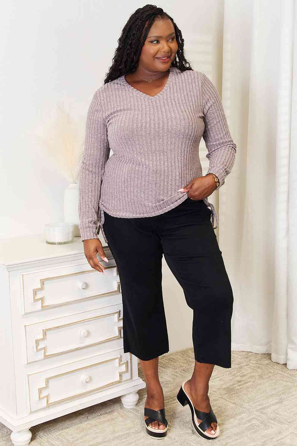 Double Take Drawstring Ribbed Long Sleeve T-Shirt 