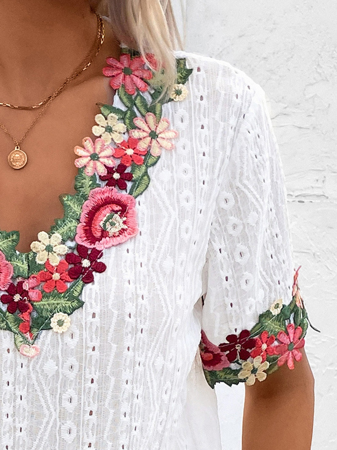 Ivy Lane Eyelet Embroidered V-Neck Short Sleeve Blouse 