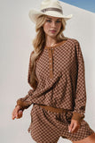 Double Take Checkered Half Button Top and Shorts Set 