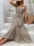 Perfee Printed V-Neck Tie Waist Midi Dress 