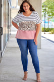 Plus Size Striped Leopard Round Neck Half Sleeve T-Shirt 