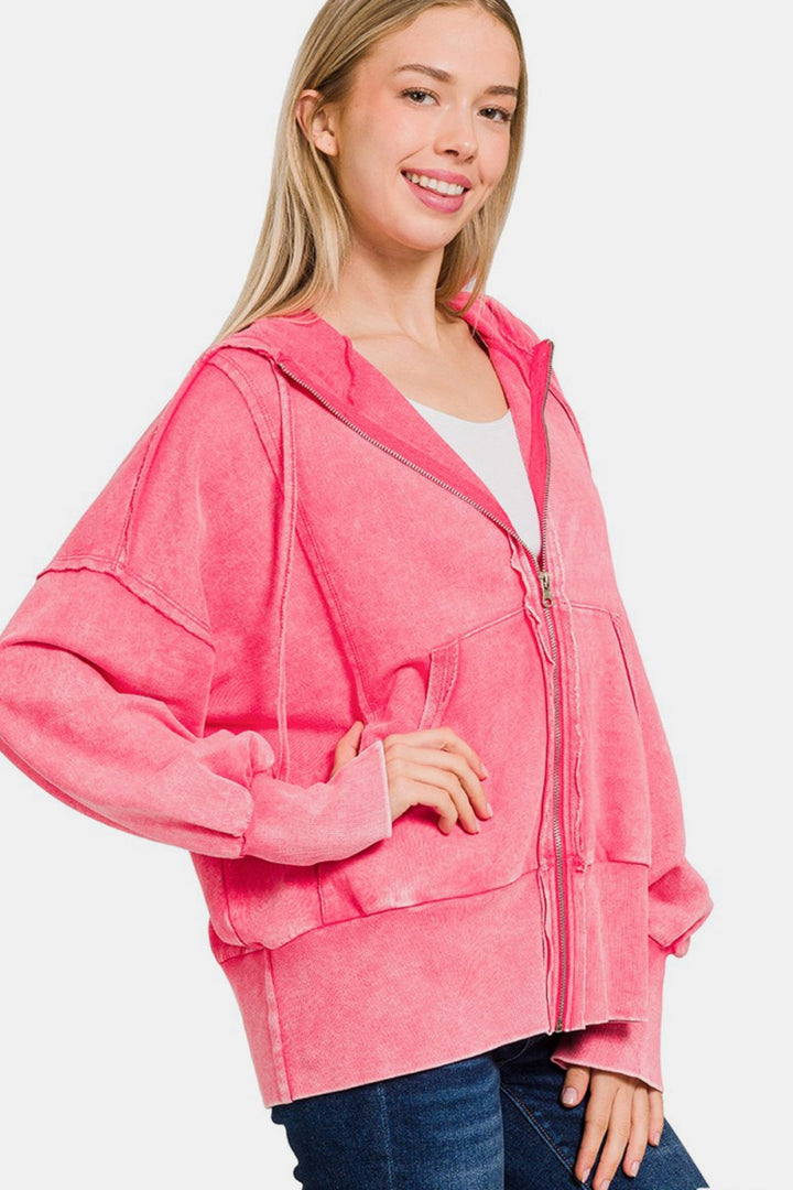 Zenana Acid Washed French Terry Zip-Up Hoodie with Pockets 