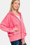 Zenana Acid Washed French Terry Zip-Up Hoodie with Pockets 