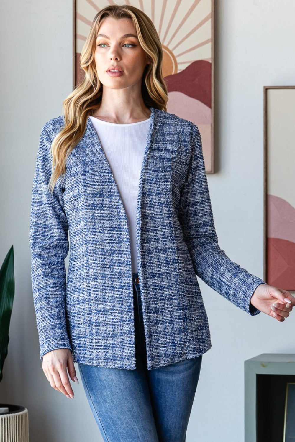 Heimish Full Size Houndstooth Tweed Open Front Blazer 