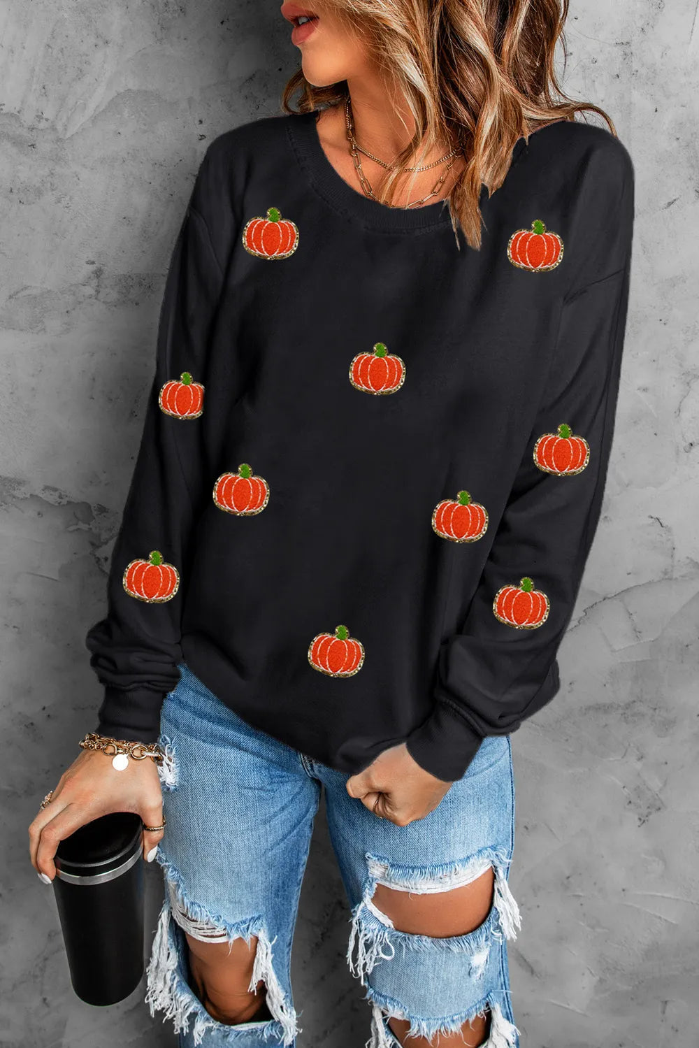 Pumpkin Round Neck Long Sleeve Sweatshirt 