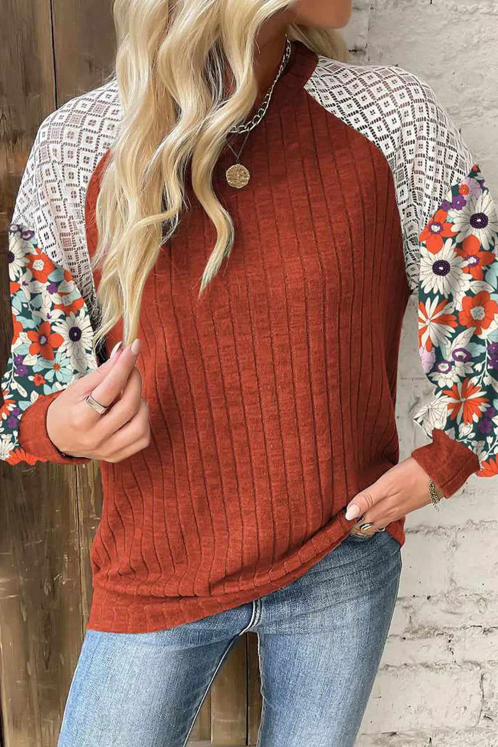 Printed Round Neck Long Sleeve Top 
