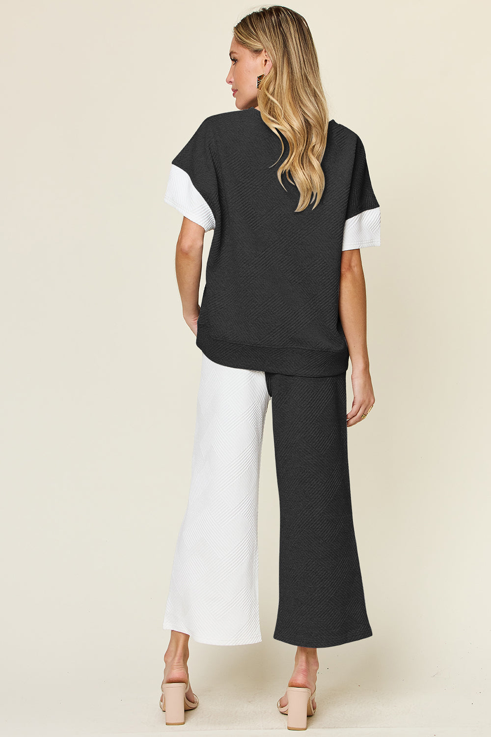 Double Take Full Size Texture Contrast T-Shirt and Wide Leg Pants Set 