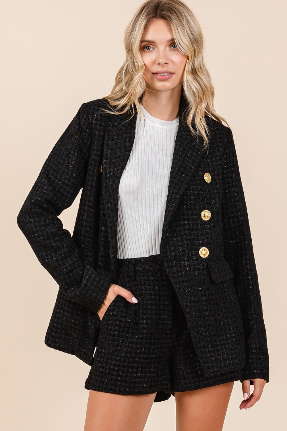 Mittoshop Plaid Texture Double-Breasted Long Sleeve Blazer 