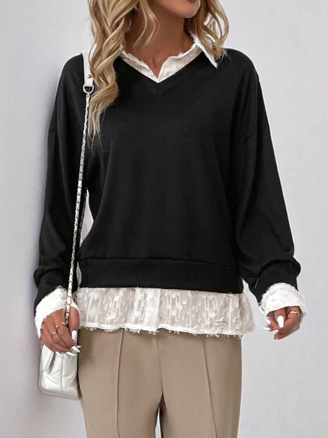 Perfee Faux Layered Contrast Long Sleeve Sweatshirt 