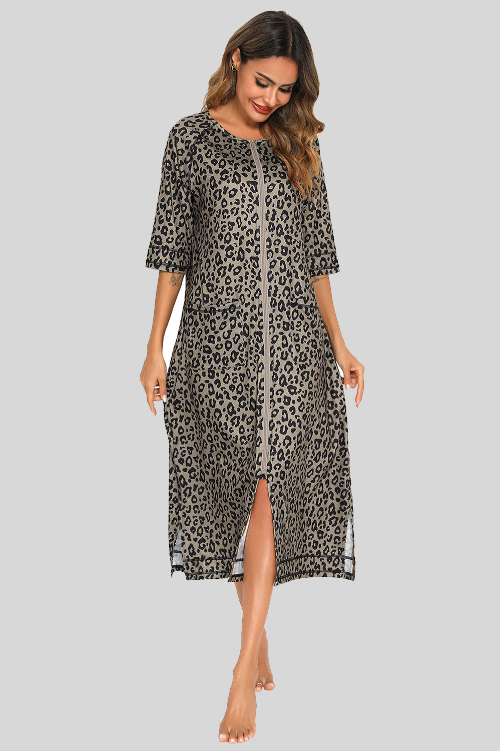 Printed Slit Night Dress with Pockets 