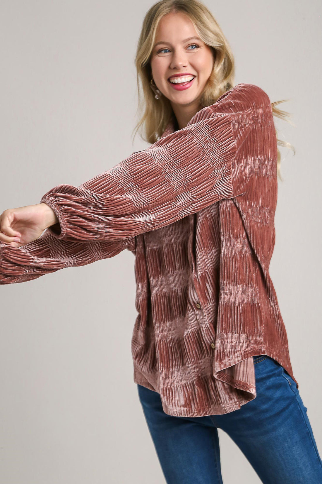 Umgee Ruched Tiered Button Up Shirt 